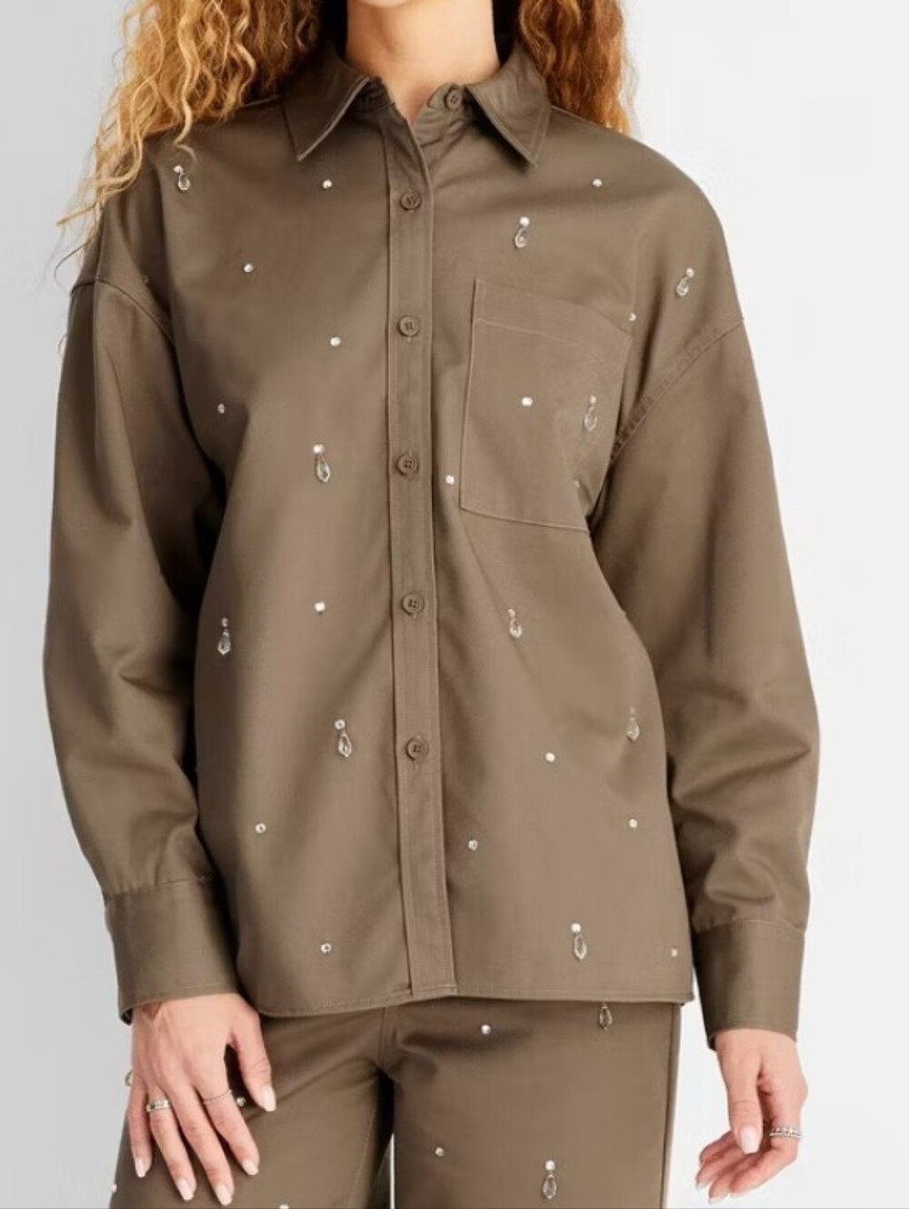 Women's Embellished Olive Utility Shirt Jacket